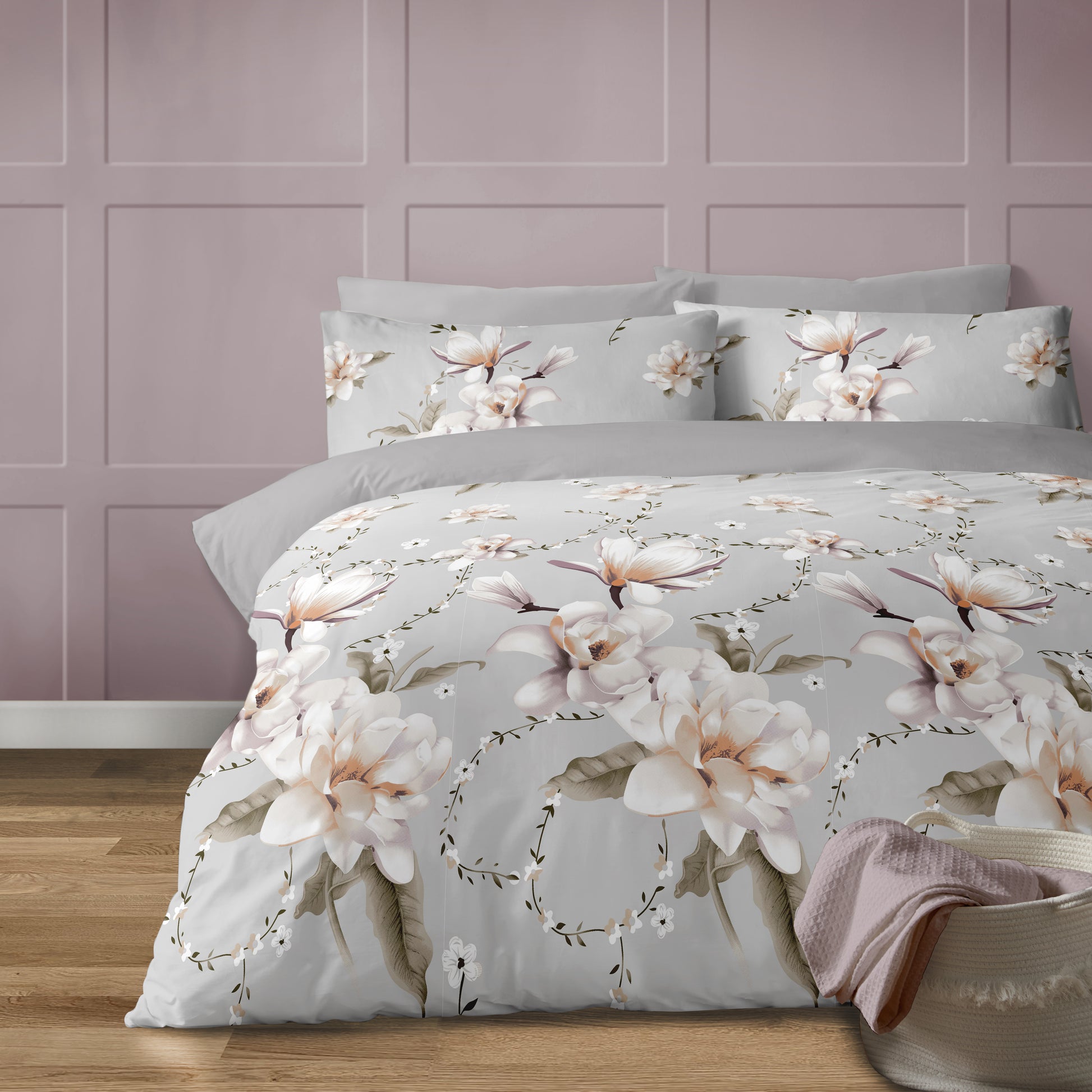 Grey Anemone duvet cover set by Bellissimo Home with large white floral print on soft fabric.