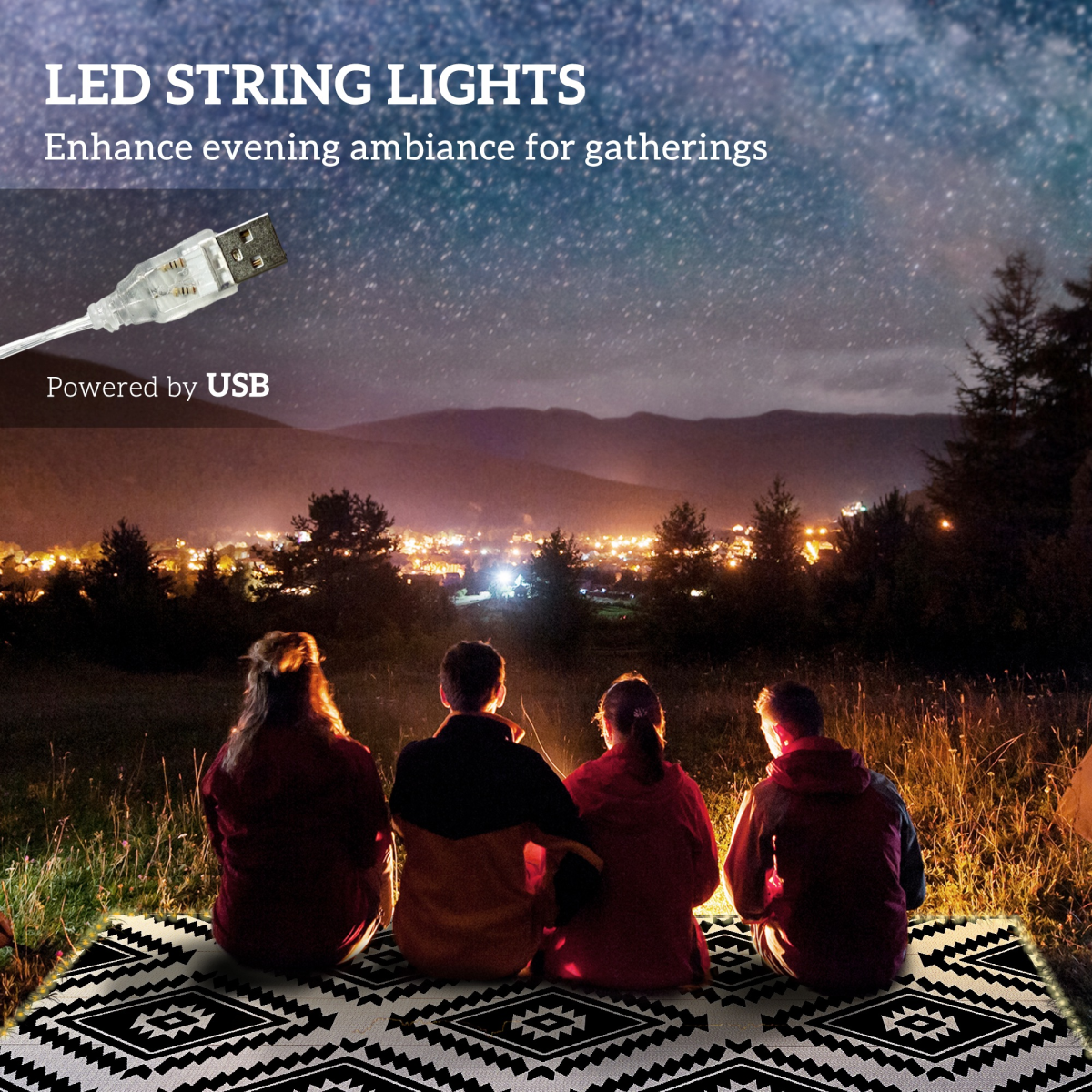 Waterproof outdoor rug with LED string lights by Outsunny, 182x274cm, featuring a stylish design for patio or garden use.