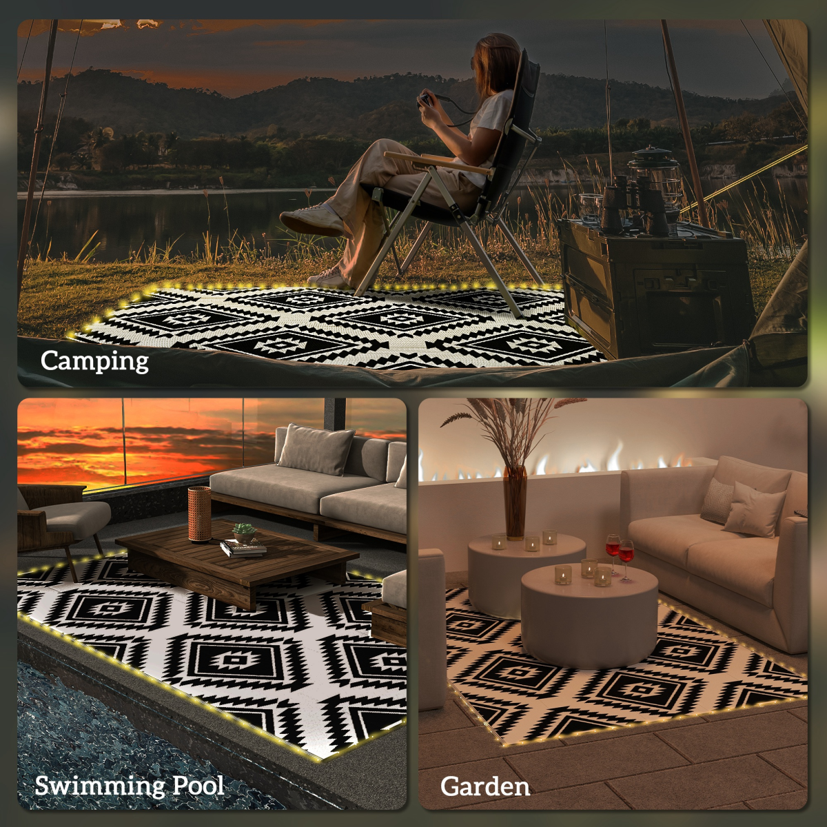 Outdoor waterproof rug with LED string lights, 182x274cm, by Outsunny, featuring a decorative patterned design and illuminated accents.