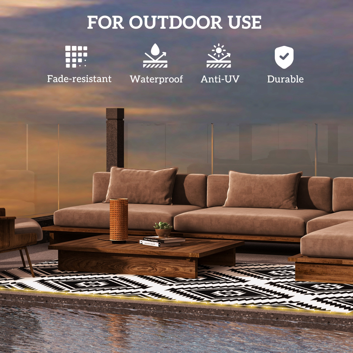 Outdoor waterproof rug with LED string lights, 182x274cm, by Outsunny, featuring a colorful pattern and cozy lighting for outdoor spaces.
