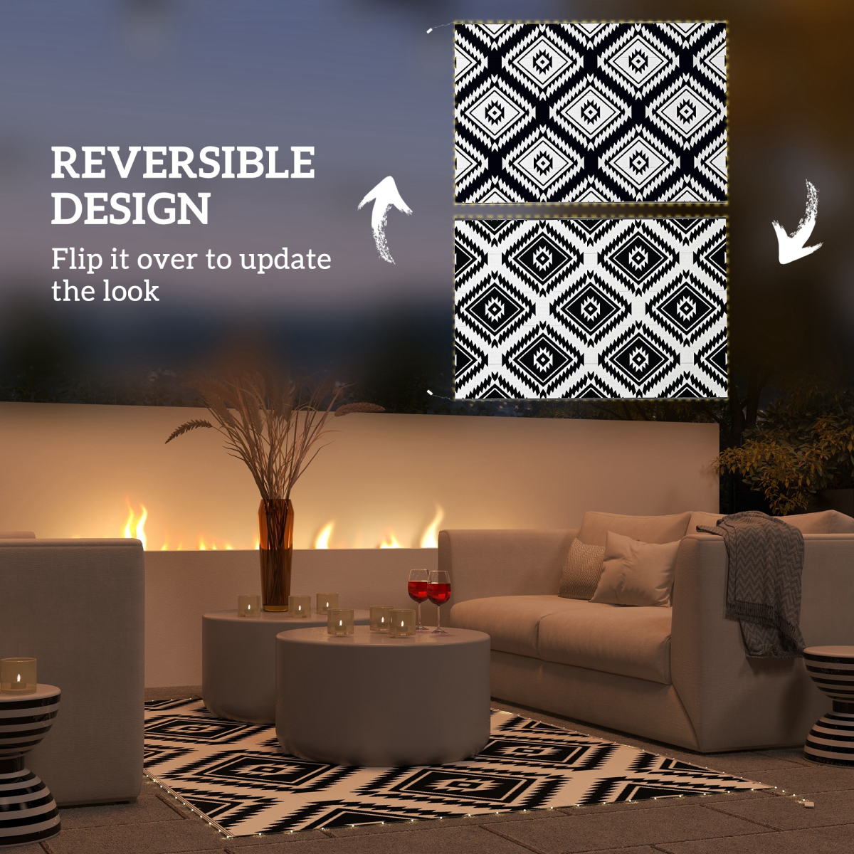 Outdoor waterproof rug with embedded LED string lights, measuring 182x274cm, by Outsunny, suitable for patio or garden use.