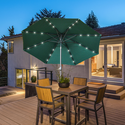 Outsunny 2.7m solar LED garden parasol with tilt function and 24 LED lights, providing shade and ambient lighting for outdoor spaces.