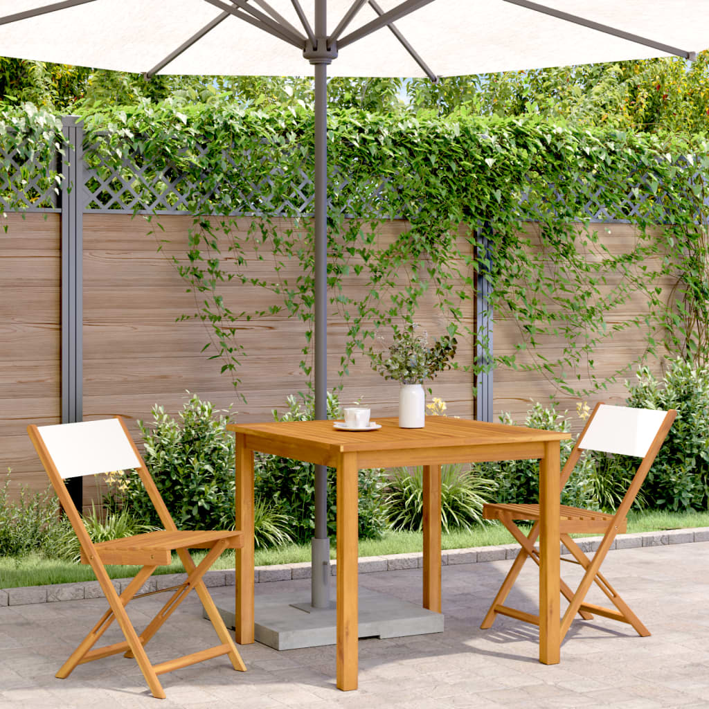 Pair of cream white bistro chairs with solid wood acacia frames and fabric seats, perfect for dining or small spaces.