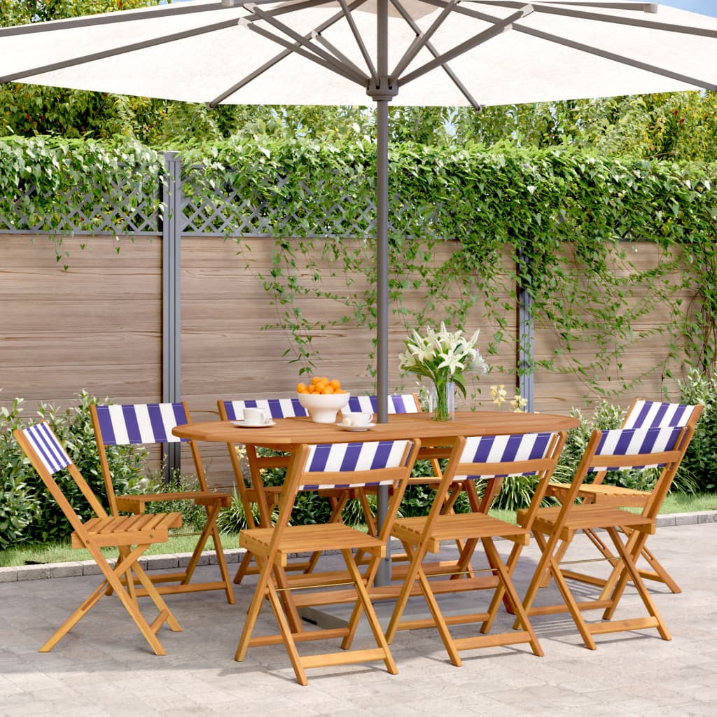 Two cream white bistro chairs with solid wood acacia frames and fabric cushions, perfect for a cozy dining area.