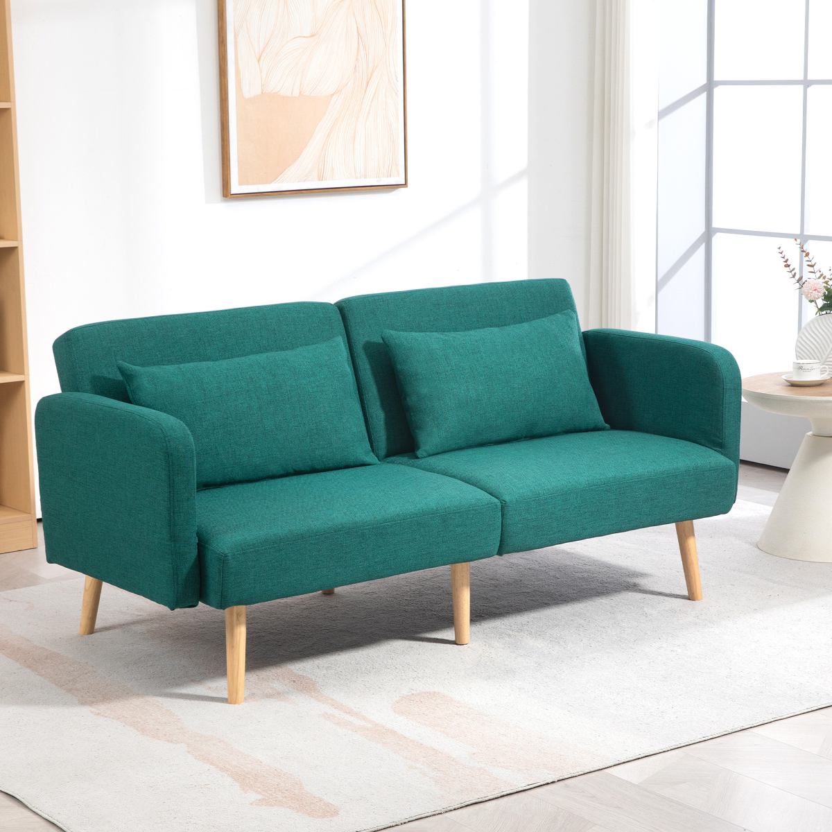 HOMCOM convertible sofa bed settee with cushions and adjustable backrest, showcasing its versatile design and comfortable seating options.