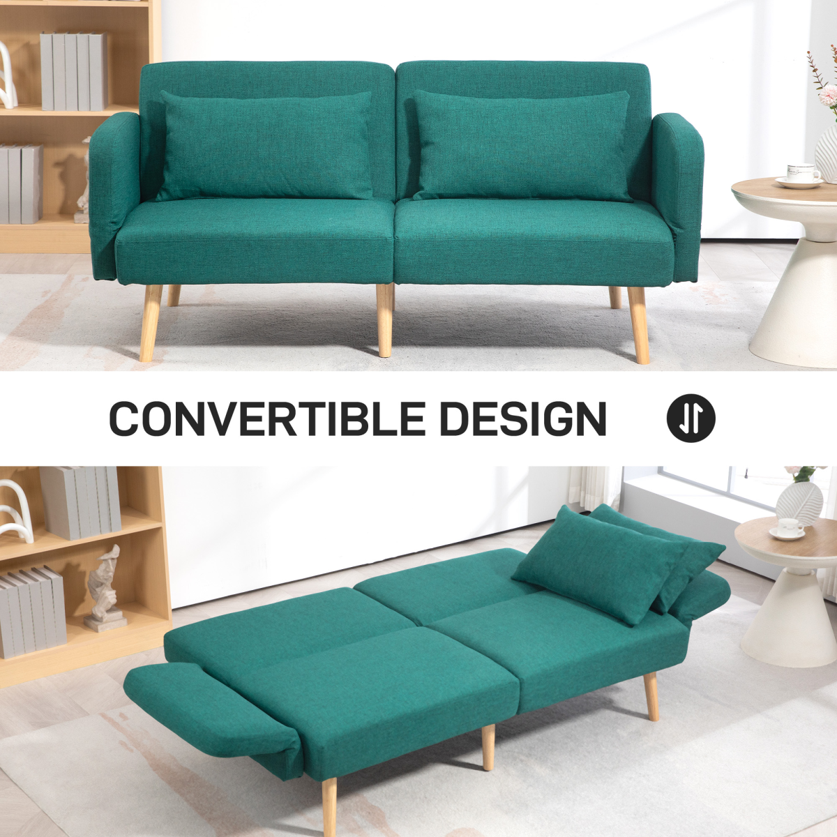 HOMCOM convertible sofa bed settee with cushions and adjustable backrest, showcasing its versatile design and comfortable seating.
