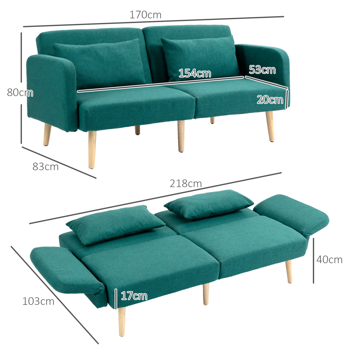 HOMCOM convertible sofa bed settee with cushions and adjustable backrest, showing a versatile seating and sleeping furniture piece.