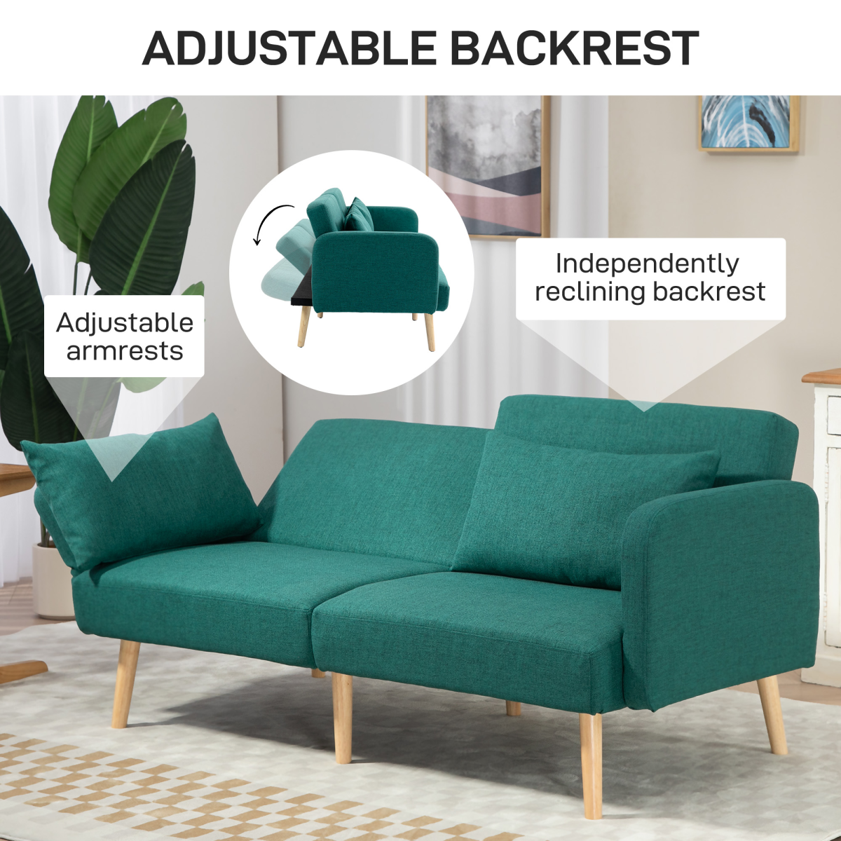 HOMCOM convertible sofa bed settee with cushions and adjustable backrest, showing a modern, versatile living room furniture piece.
