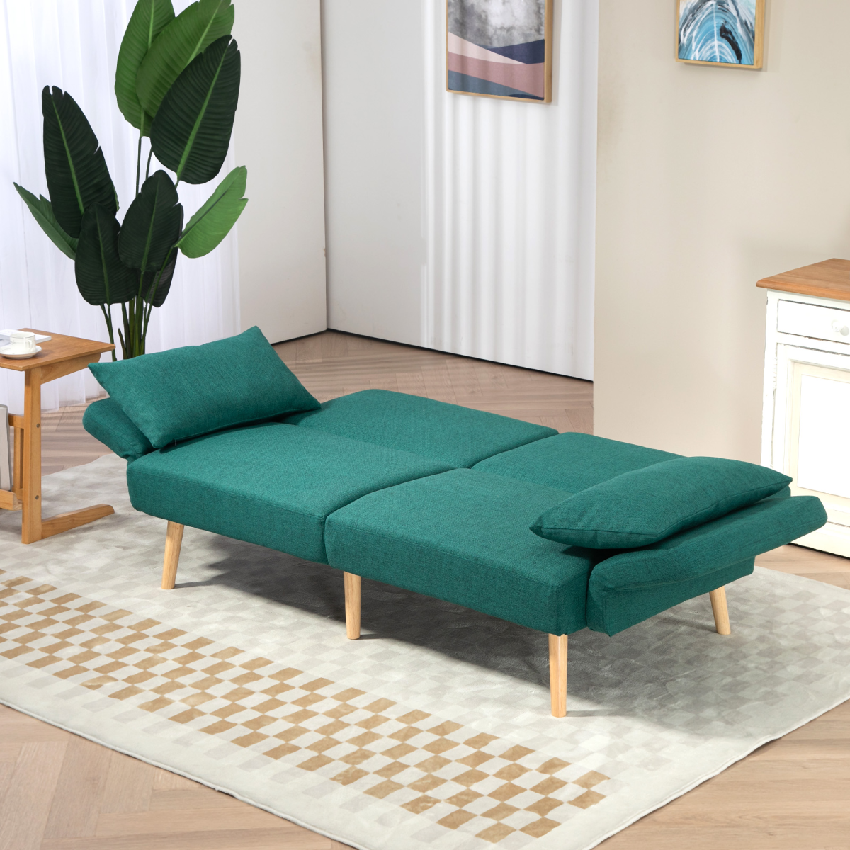 HOMCOM convertible sofa bed settee with cushions and adjustable backrest, showcasing a versatile living room furniture piece.