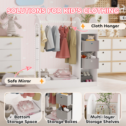 Kids cloth rail with storage shelf, boxes, and mirror by AIYAPLAY, ideal for organizing children's bedroom clothing and accessories.
