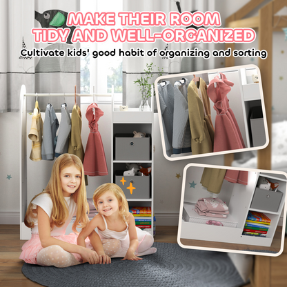 Kids cloth rail with storage shelf, boxes, and mirror by AIYAPLAY, designed for children's bedroom organization and decoration.