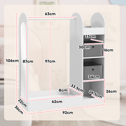 Kids cloth rail with storage shelf, boxes, and mirror by AIYAPLAY, designed for children's bedrooms.