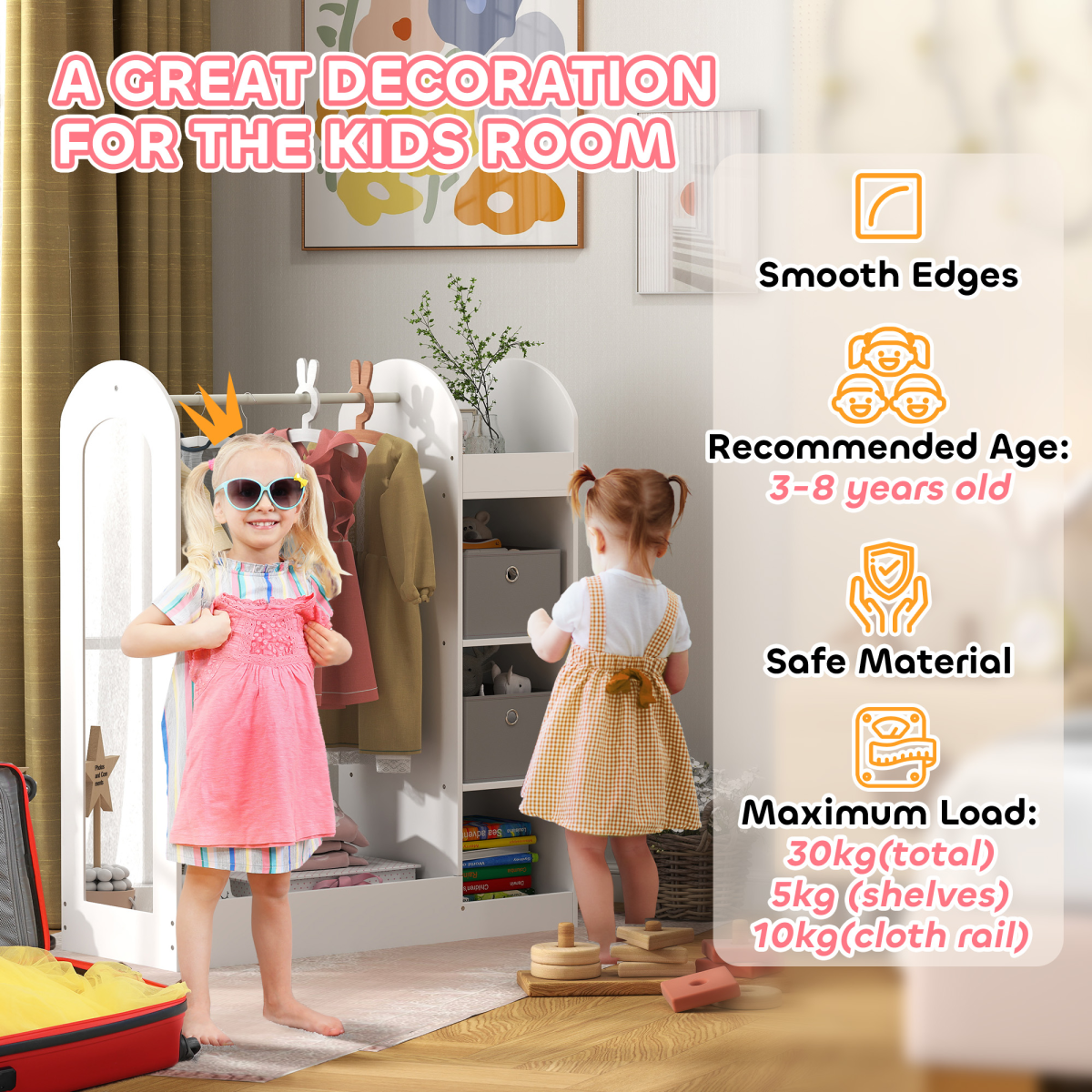 Kids cloth rail with storage shelf, boxes, and mirror by AIYAPLAY for bedroom organization and easy clothing access.