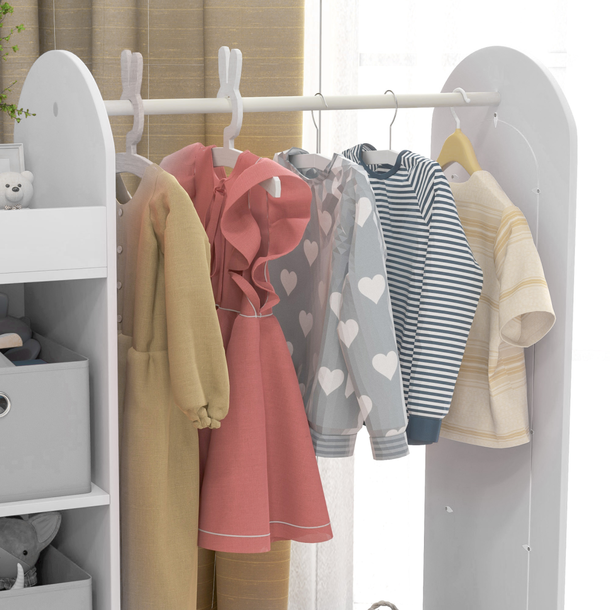 Kids cloth rail with storage shelf, boxes, and mirror from AIYAPLAY, designed for bedroom organization and child-friendly decor.