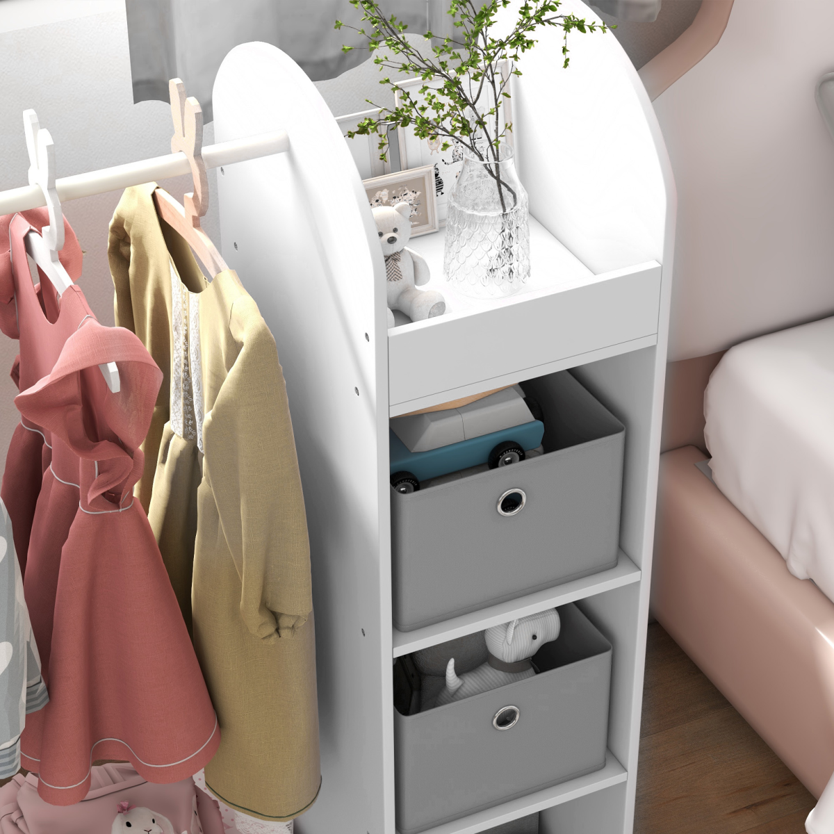 Kids cloth rail with storage shelf, boxes, and mirror for bedroom by AIYAPLAY, featuring hanging space and organized storage options.
