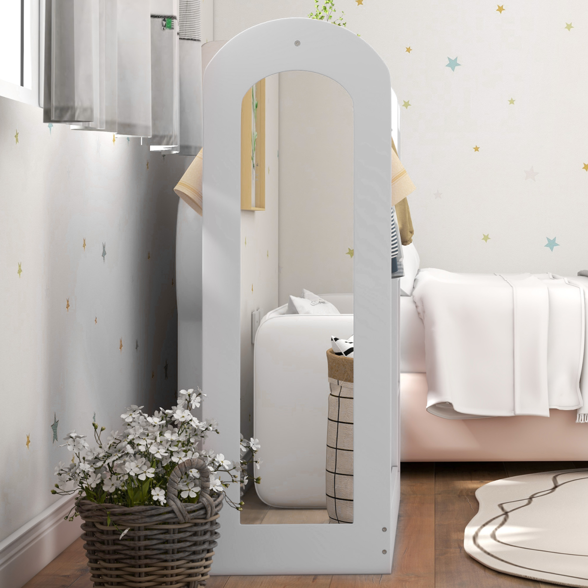Kids cloth rail with storage shelf, boxes, and mirror from AIYAPLAY, designed for bedroom organization and children's clothing storage.