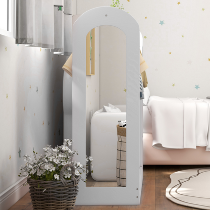 Kids cloth rail with storage shelf, boxes, and mirror from AIYAPLAY, designed for bedroom organization and children's clothing storage.