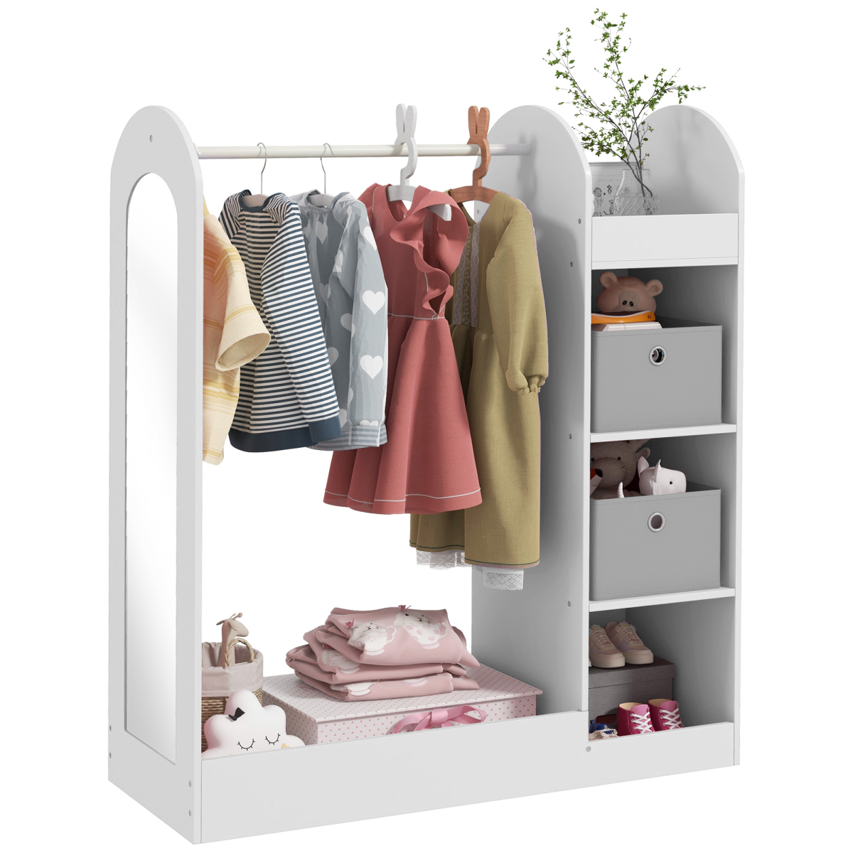 Kids cloth rail with storage shelf, boxes, and mirror by AIYAPLAY, ideal for organizing clothes and accessories in a bedroom.