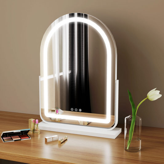 HOMCOM vanity mirror with lights, featuring 3 color options, 360° rotation, and touch screen control for customizable lighting.