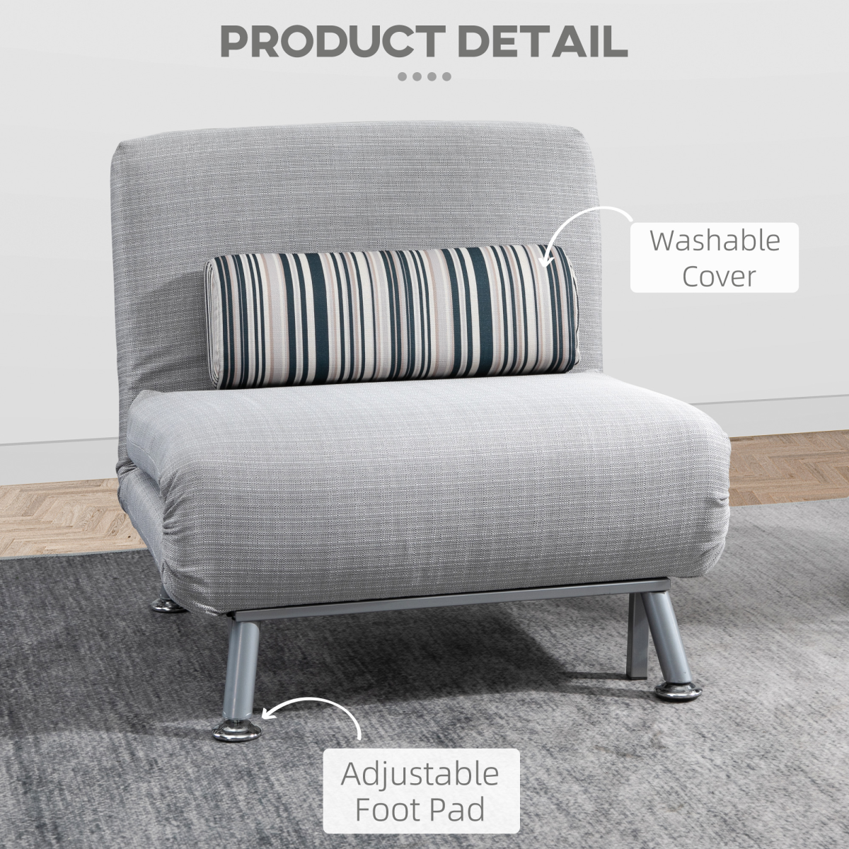 HOMCOM single folding sleeper chair bed in five-position convertible design, with fabric upholstery and compact form.