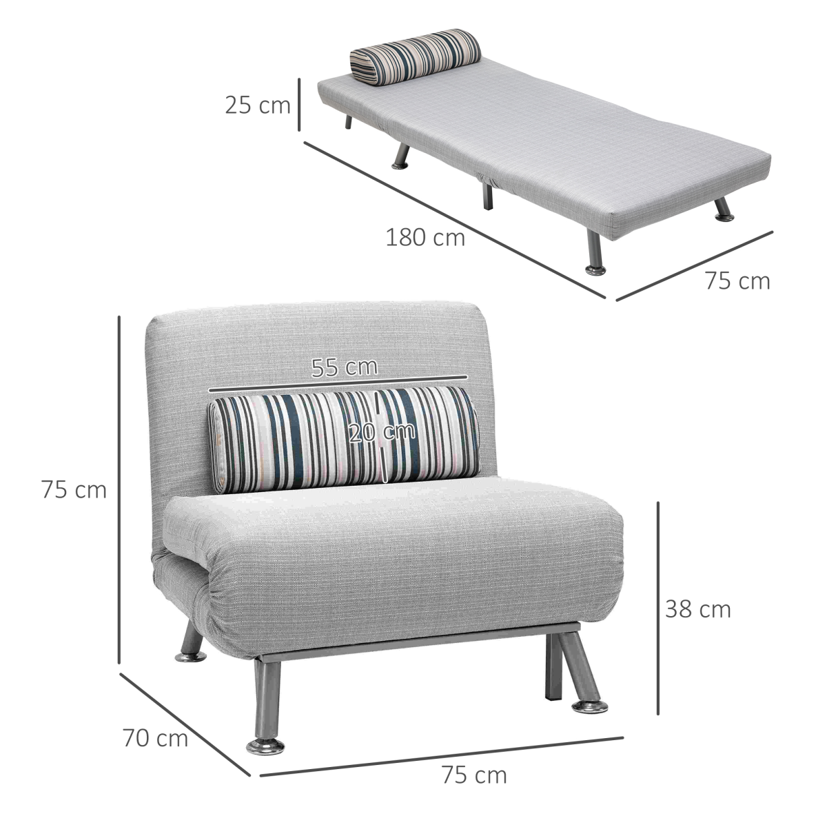 HOMCOM single folding sleeper chair bed in five positions, showcasing its convertible design and compact, versatile seating and sleeping options.