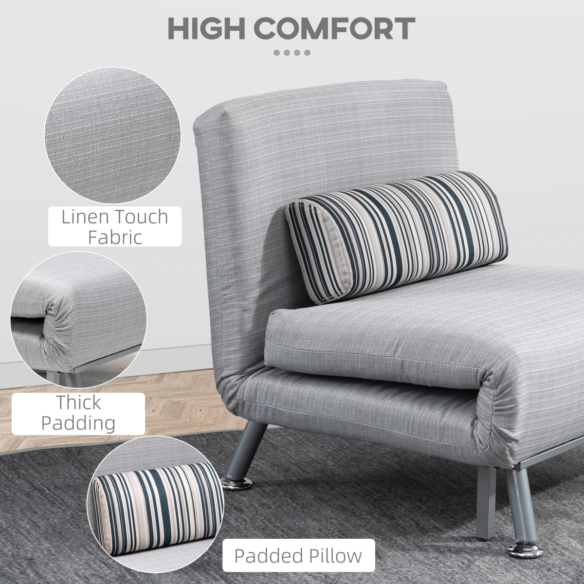 HOMCOM single folding sleeper chair bed in 5-position convertible setup, with cushioned fabric and compact design for versatile seating.