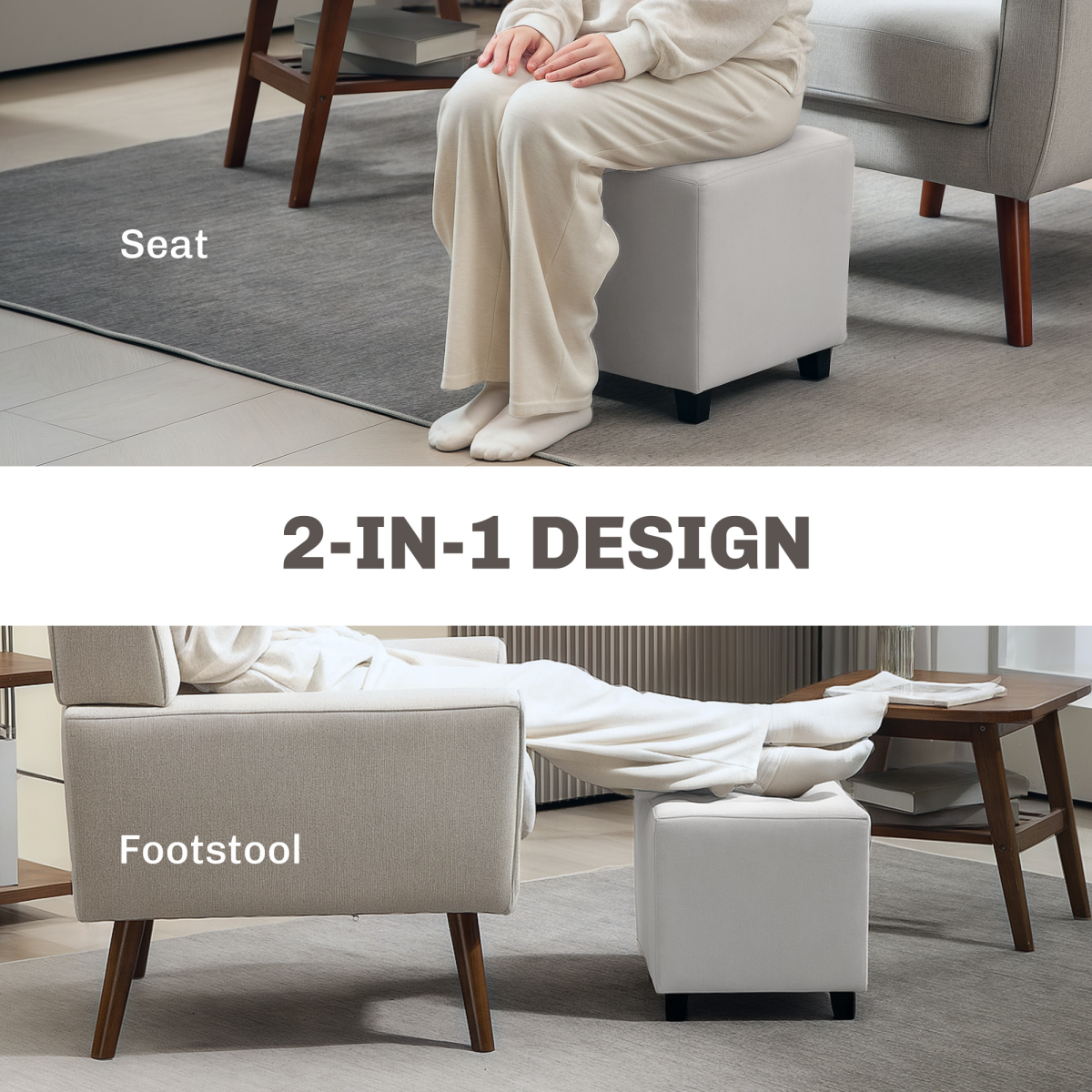Small HOMCOM square footstool with wooden legs, versatile ottoman suitable for bedroom seating or decoration.