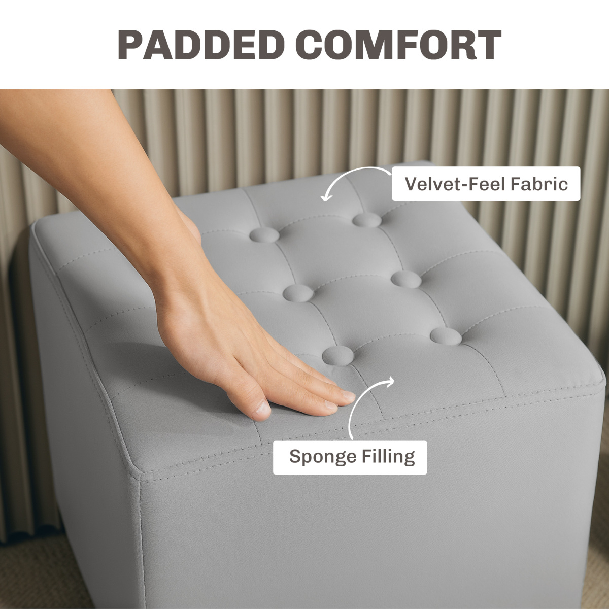 Small HOMCOM square footstool with wooden legs, versatile ottoman suitable for bedrooms and living rooms.