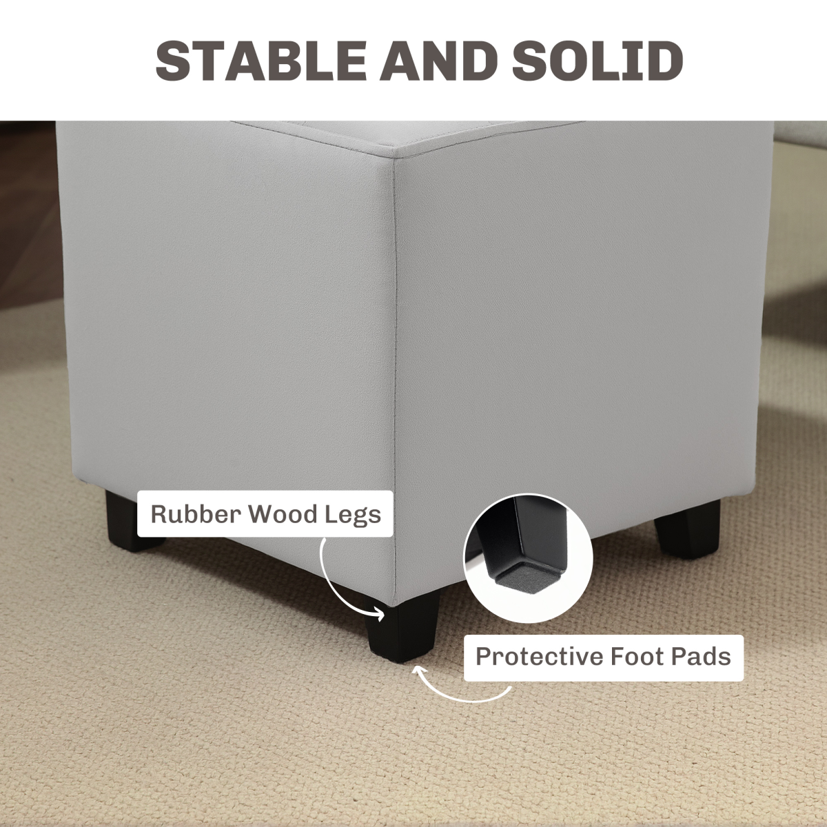 Small HOMCOM square footstool with wooden legs, versatile ottoman suitable for bedroom or living room decor.