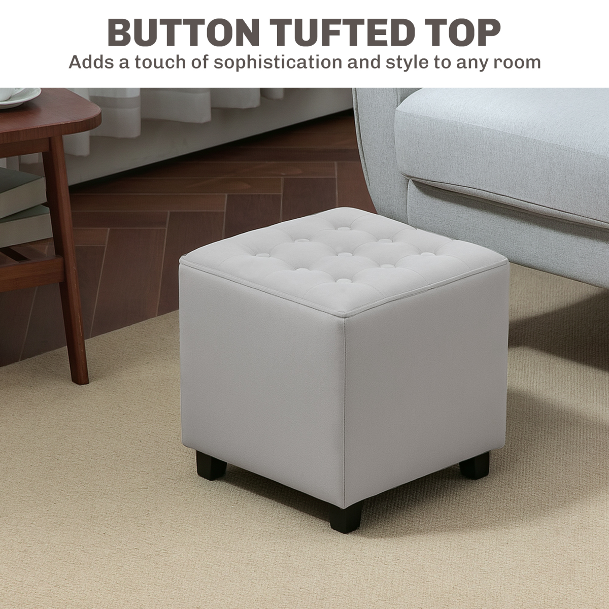 Small HOMCOM square footstool with wooden legs, versatile ottoman suitable for bedroom seating and decor.