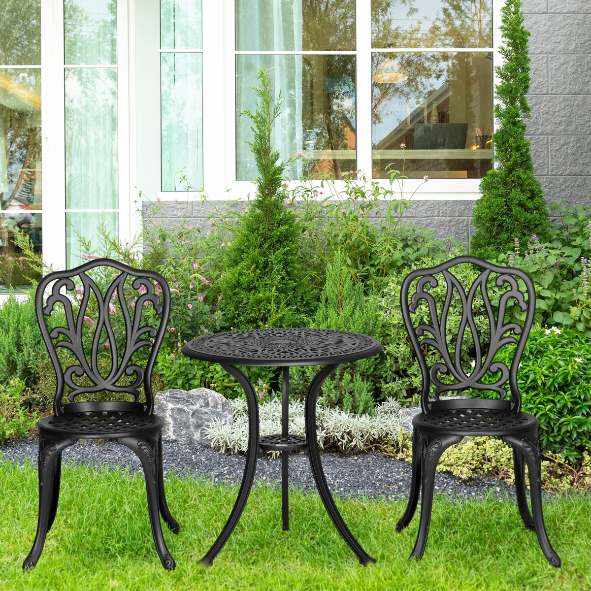 Outsunny 3-piece outdoor patio bistro set with table, two chairs, and umbrella hole for outdoor dining and relaxation.