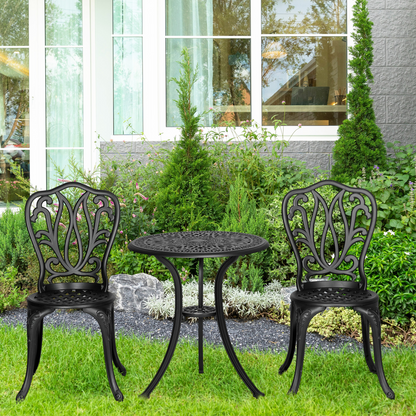 Outsunny 3-piece outdoor patio bistro set with table, two chairs, and umbrella hole for outdoor dining and relaxation.