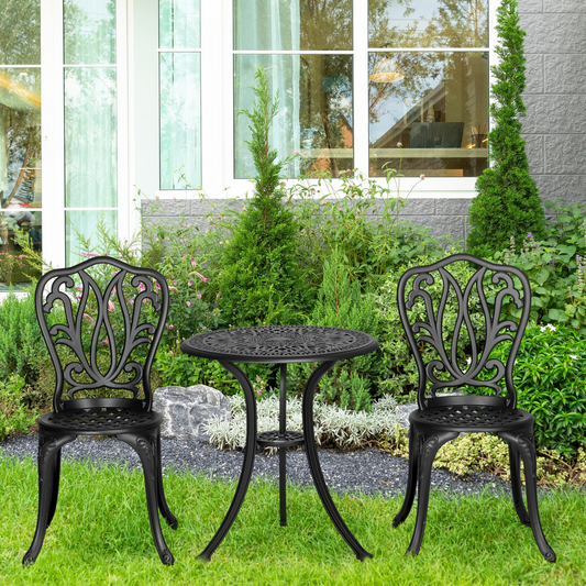 Outsunny 3-piece outdoor patio bistro set with table, two chairs, and umbrella hole for outdoor dining and relaxation.