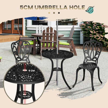 Outsunny 3-piece patio bistro set with outdoor table and umbrella hole, includes two chairs and a round table for outdoor dining.