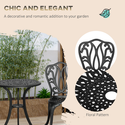Outdoor 3-piece patio bistro set by Outsunny with table, two chairs, and umbrella hole for outdoor dining and relaxation.