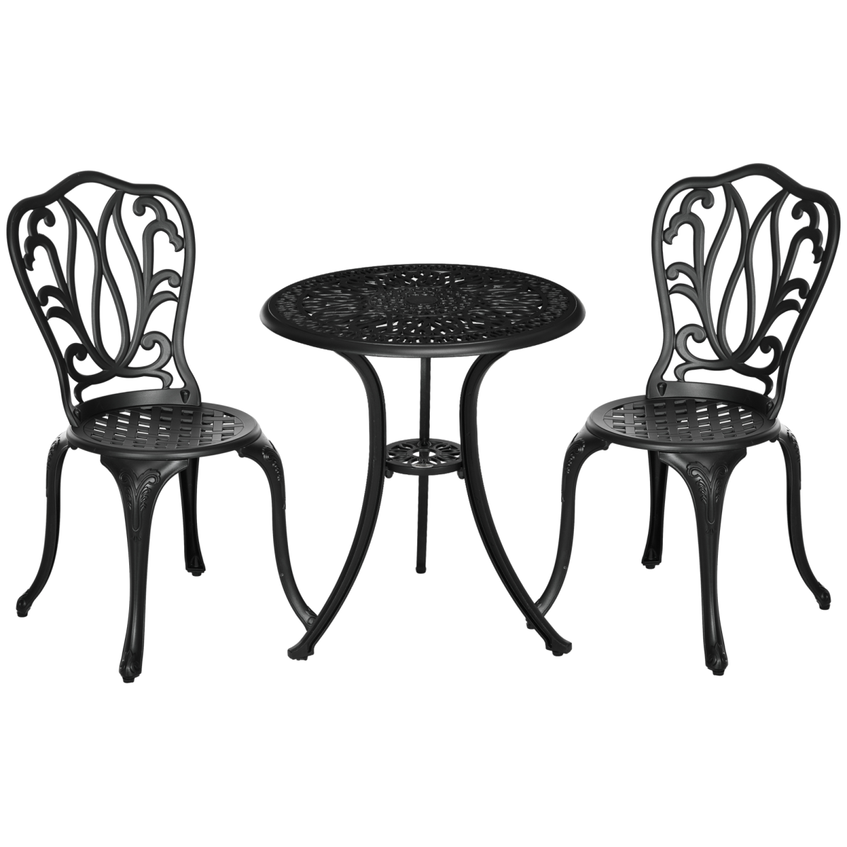 Outsunny 3-piece patio bistro set with outdoor table and umbrella hole, featuring metal chairs and a round table.
