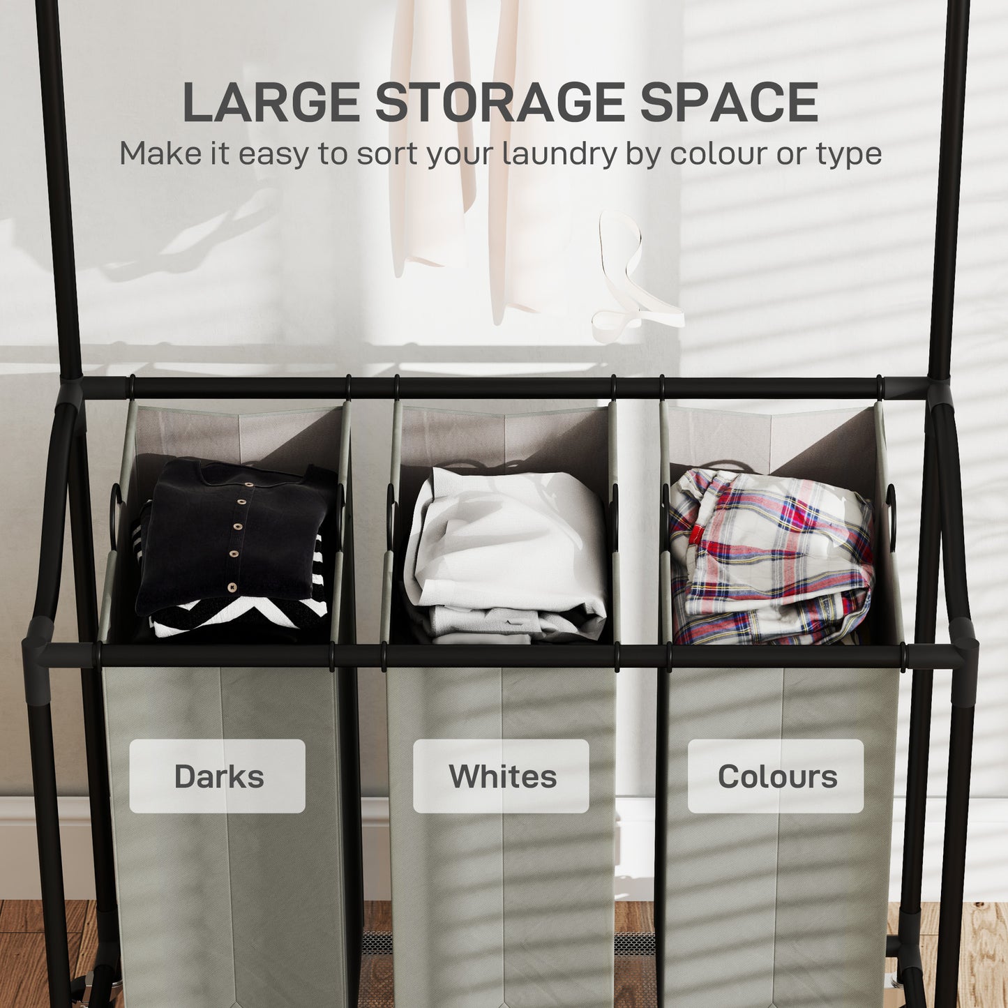 126L Laundry Sorter, Laundry Basket with 3-Bag Organiser, Dark Grey