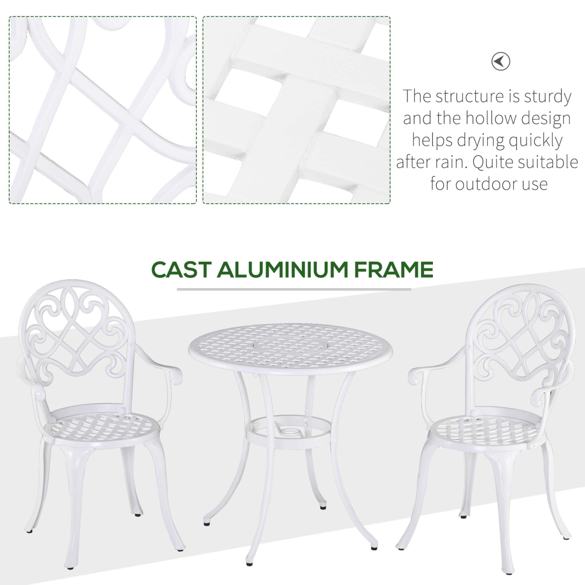 Outsunny 3-piece bistro set with aluminum garden table and chairs, outdoor furniture for patio or garden seating.