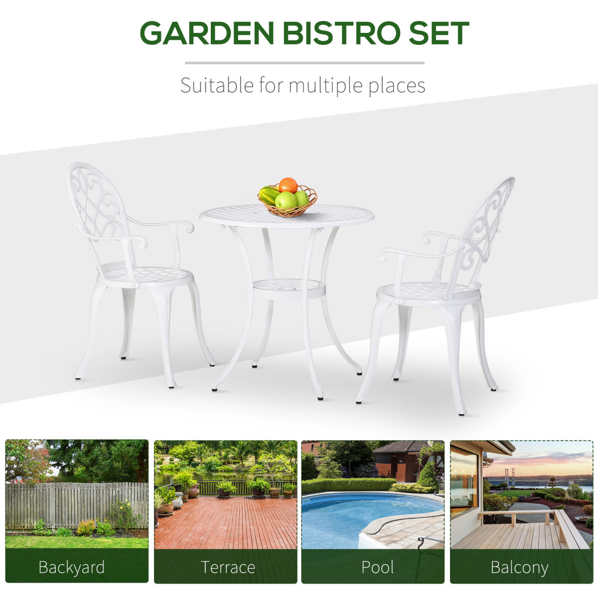 Outsunny 3-piece aluminum bistro garden set with a table and two chairs, suitable for outdoor patio or balcony dining.
