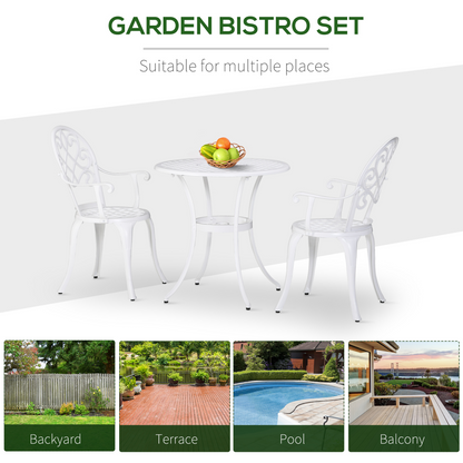 Outsunny 3-piece aluminum bistro garden set with a table and two chairs, suitable for outdoor patio or balcony dining.