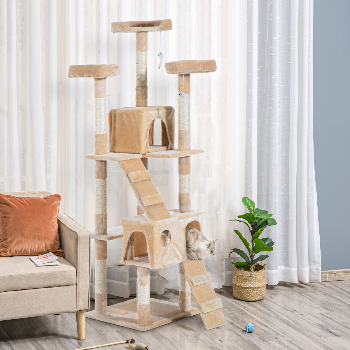 PawHut cat tree and scratching post with condo, activity centre, and cozy bed for feline play and relaxation.