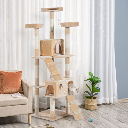 PawHut cat tree and scratching post with condo, activity centre, and cozy bed for feline play and relaxation.