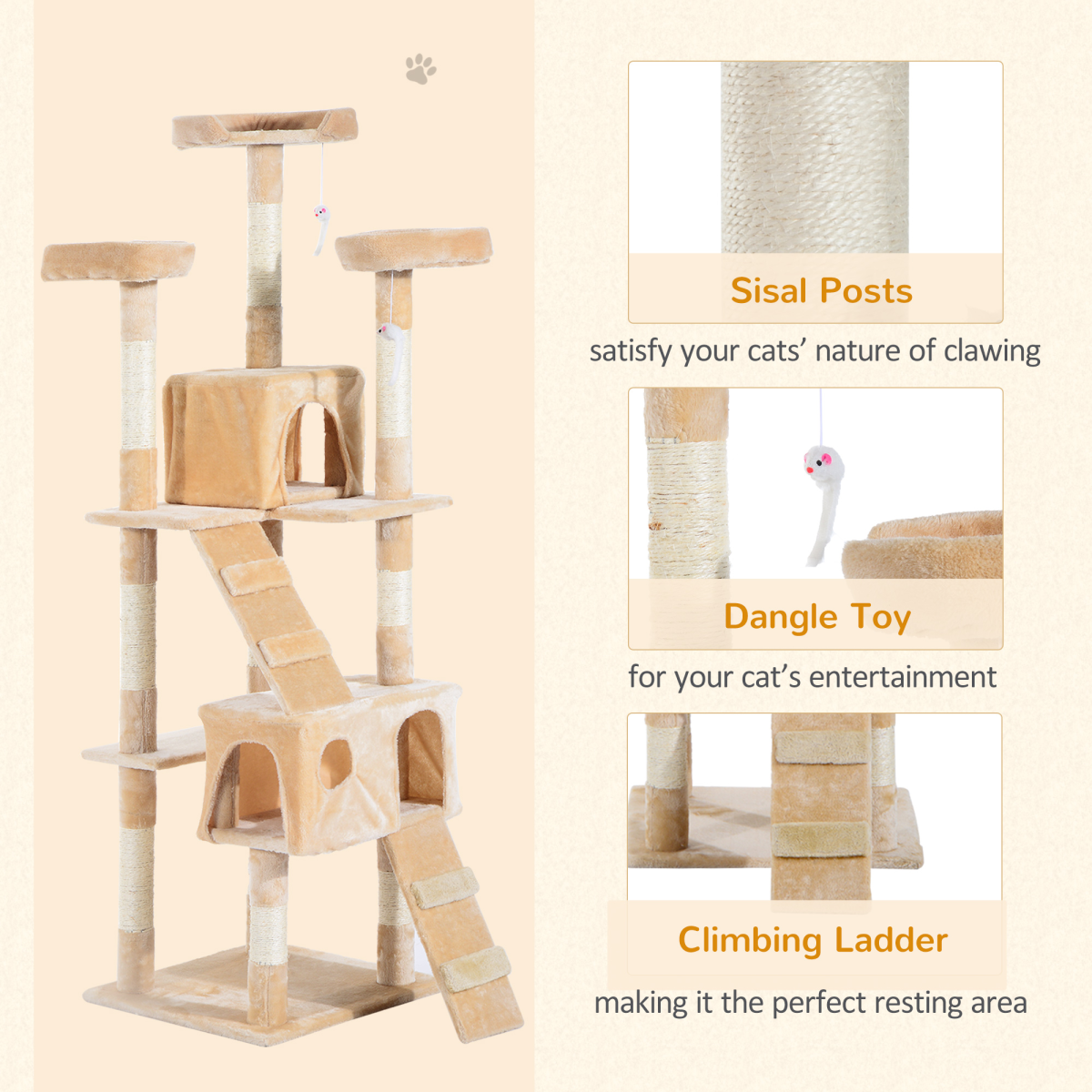 PawHut cat tree and scratching post with cozy condo and toy bed for feline play and scratching activities.