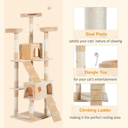 PawHut cat tree and scratching post with cozy condo and toy bed for feline play and scratching activities.