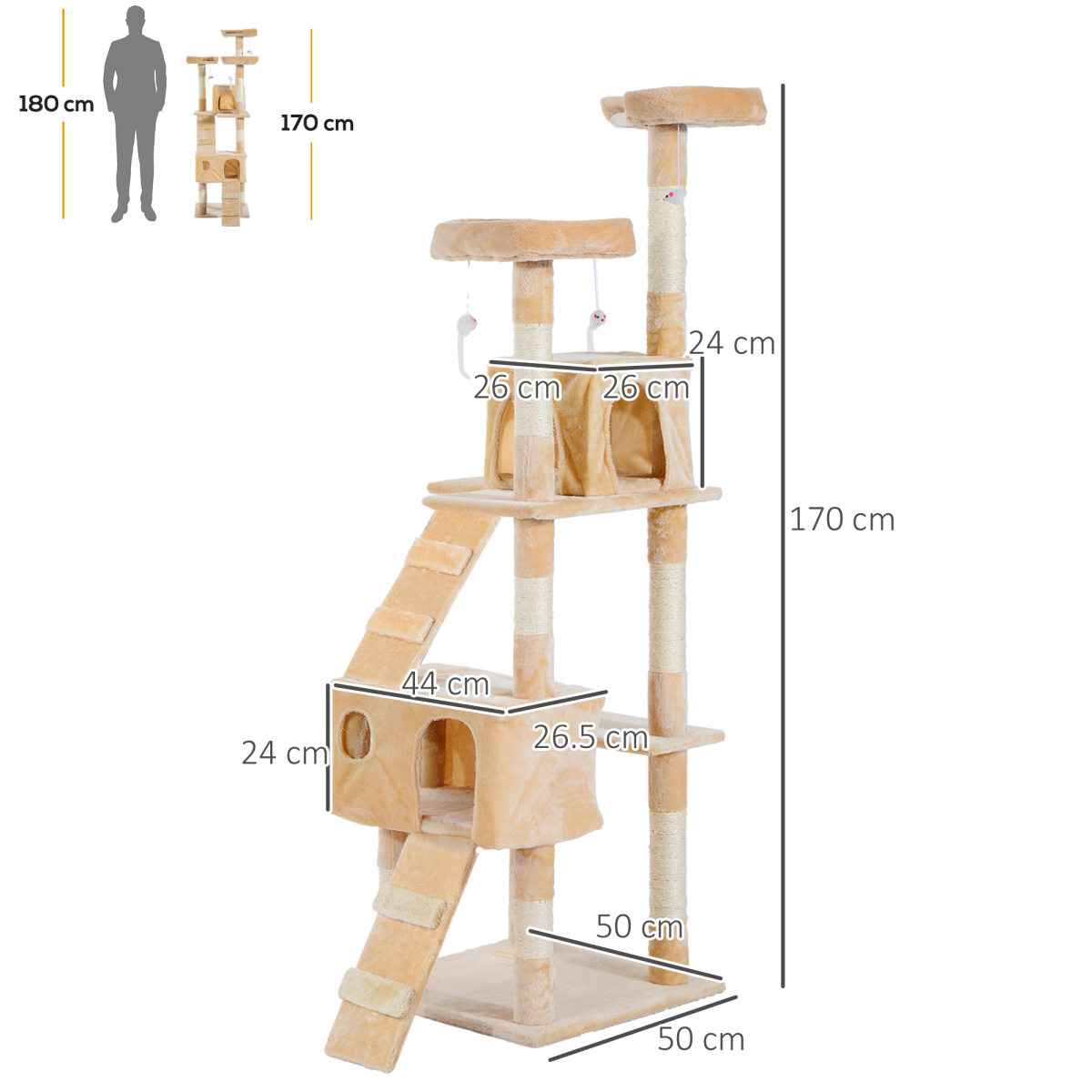 PawHut cat tree with multiple platforms, scratching posts, condo, and cozy bed for feline play and relaxation.