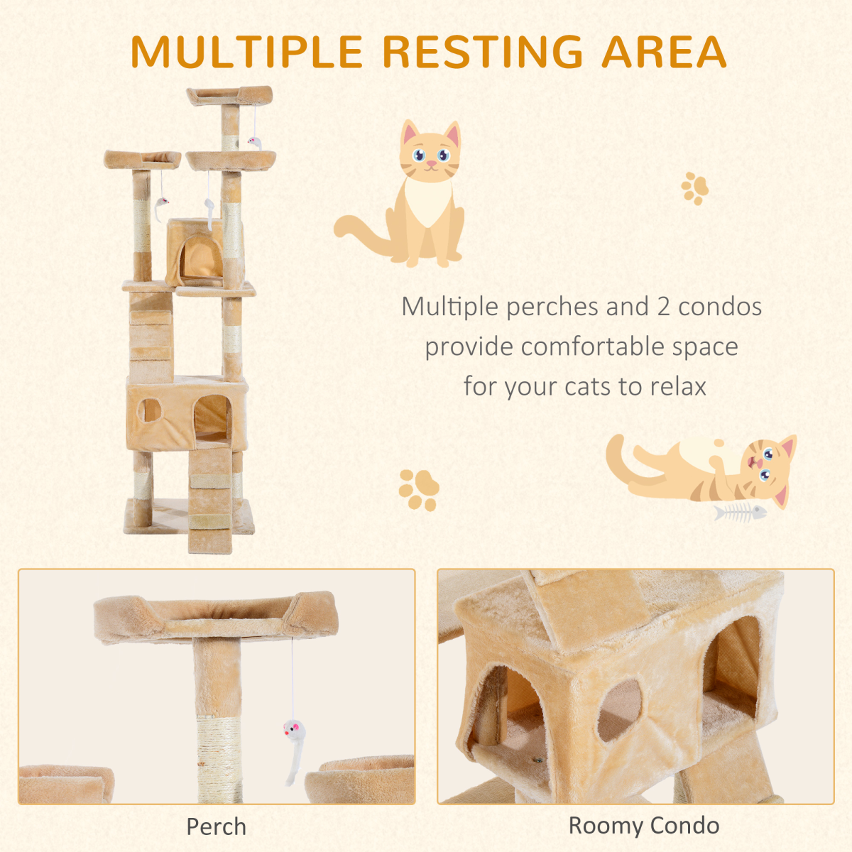 PawHut cat tree and scratching post with condo, activity centre, and cozy bed for cats to scratch, play, and rest.
