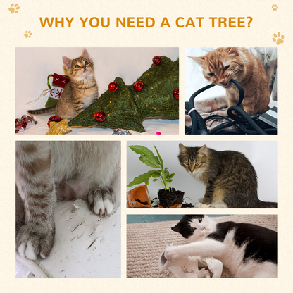 PawHut cat tree with condo, scratching post, and activity center featuring a cozy bed for cats to play and rest.