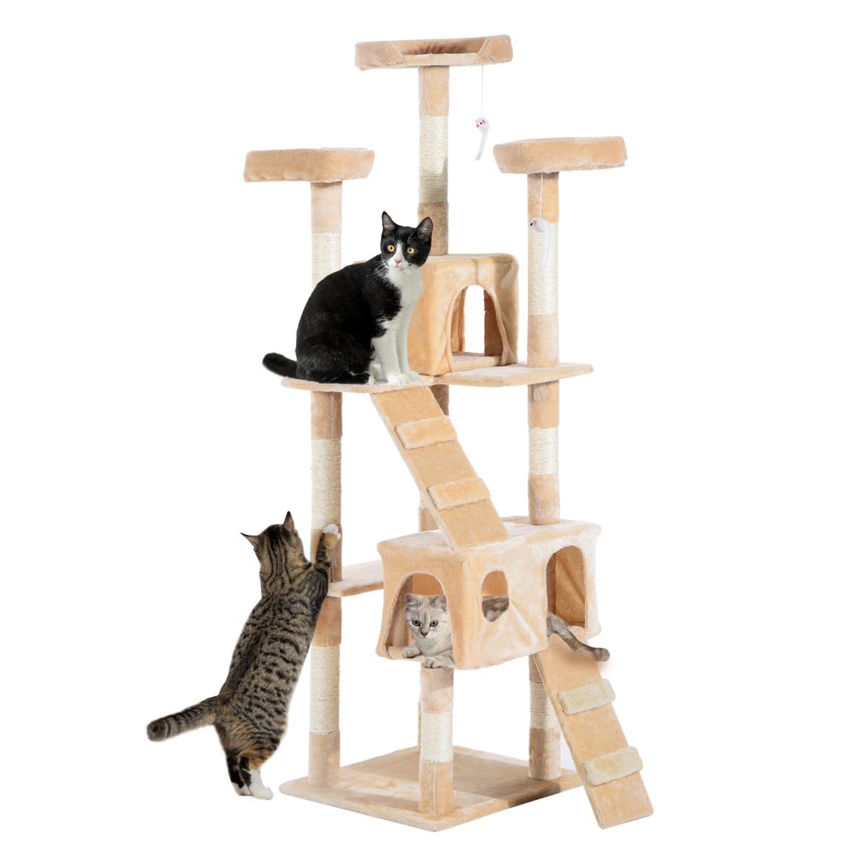 PawHut cat tree with scratching posts, condo bed, and activity platform for feline play and relaxation.
