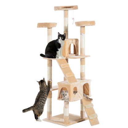 PawHut cat tree with scratching posts, condo bed, and activity platform for feline play and relaxation.
