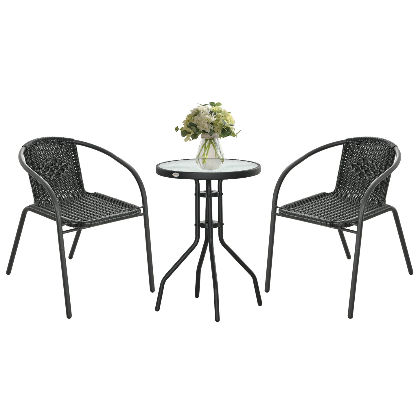 Black Outsunny 3-piece garden furniture set with two stackable chairs and a table, ideal for outdoor patio or garden seating.